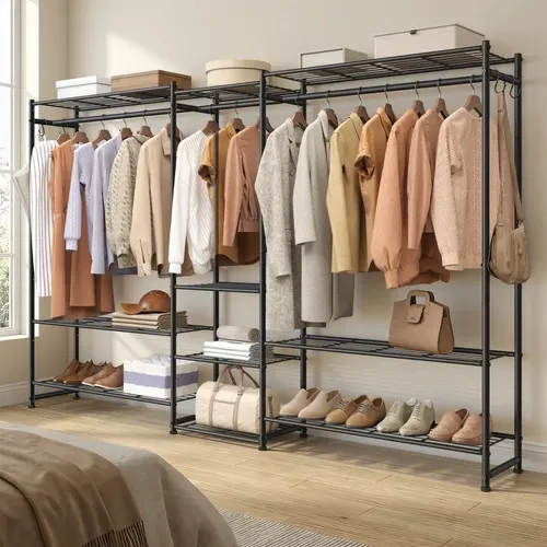 Portemanteau Métallique Ouvert, Armoire Avec 3 Tringles Et 10 étagères, Pour Chambre, Entrée, Noir