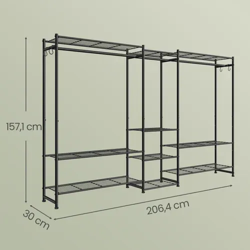 Portemanteau Métallique Ouvert, Armoire Avec 3 Tringles Et 10 étagères, Pour Chambre, Entrée, Noir