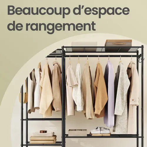 Portemanteau Métallique Ouvert, Armoire Avec 3 Tringles Et 10 étagères, Pour Chambre, Entrée, Noir