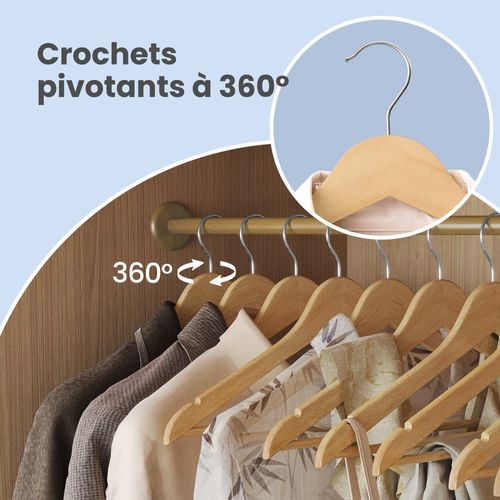 Cintres En Bois, Lot De 10, Fins, Avec Encoches, Crochet Pivotant 360°, Beige