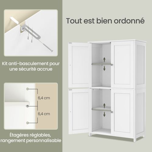 Armoire Haute De Rangement, Meuble De Cuisine Avec 4 Portes, 2 Étagères Réglables, Blanc