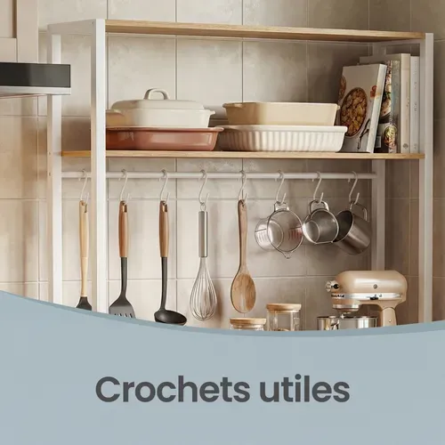 Meuble De Rangement Cuisine, Plan De Travail De 90 Cm De Hauteur, Avec 8 Crochets, Doré Et Blanc