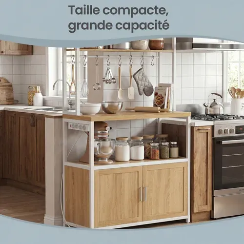 Meuble De Rangement Cuisine, Plan De Travail De 90 Cm De Hauteur, Avec 8 Crochets, Doré Et Blanc