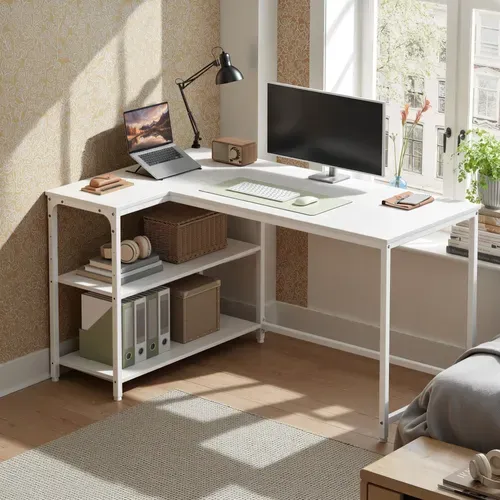 Bureau En L, Étagères Réglables Avec Rangement, 120 X 80 Cm, Blanc