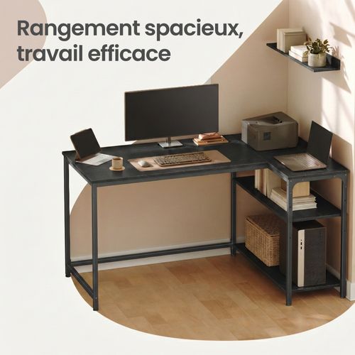 Bureau En L, Étagères Réglables Avec Rangement, 120 X 80 Cm, Noir
