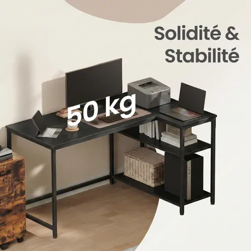 Bureau En L, Étagères Réglables Avec Rangement, 120 X 80 Cm, Noir