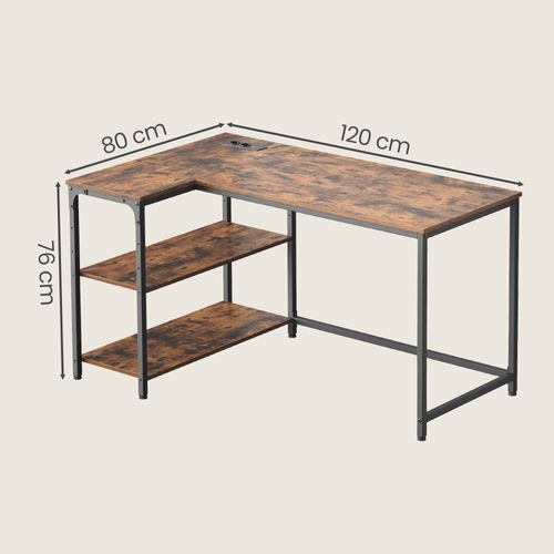 Bureau En L, Étagères Réglables Avec Rangement, Prises Électriques Et Ports USB, 120 X 80 Cm, Marron