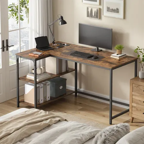 Bureau En L, Étagères Réglables Avec Rangement, Prises Électriques Et Ports USB, 120 X 80 Cm, Marron