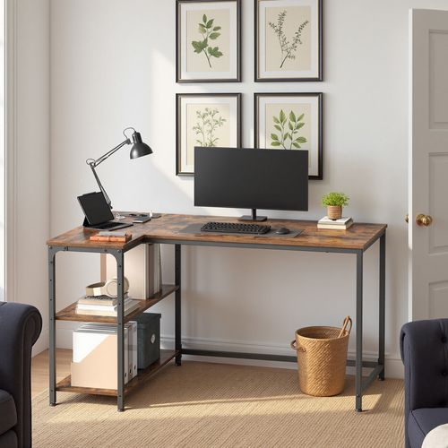 Bureau En L, Étagères Réglables Avec Rangement, Prises Électriques Et Ports USB, 120 X 80 Cm, Marron
