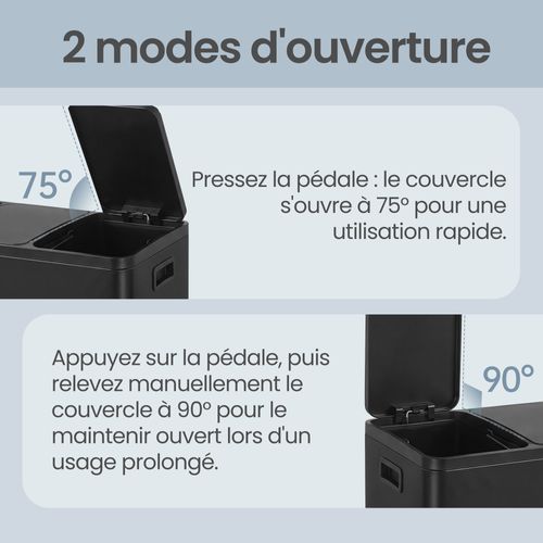 Poubelle à Pédale 2 X 15 L, Tri Sélectif, Seaux Amovibles, Acier, Pour Cuisine, Noir
