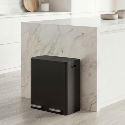 Poubelle à Pédale 2 X 15 L, Tri Sélectif, Seaux Amovibles, Acier, Pour Cuisine, Noir