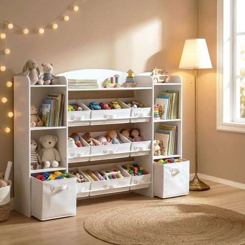 Meuble De Rangement Pour Jouets Enfants, étagère Montessori Avec Paniers Et Bacs, Blanc