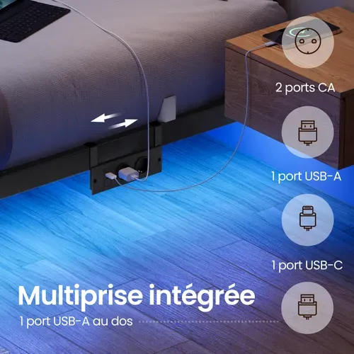Lit Flottant 140 X 190 Cm Avec LED, Ports USB Et Prises Ca, Pour Chambre, Capacité 500 Kg, Noir