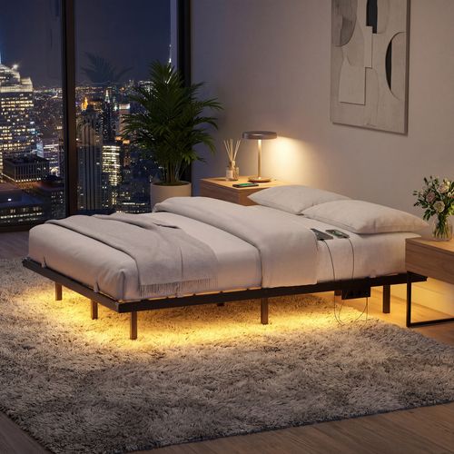 Lit Flottant 140 X 190 Cm Avec LED, Ports USB Et Prises Ca, Pour Chambre, Capacité 500 Kg, Noir