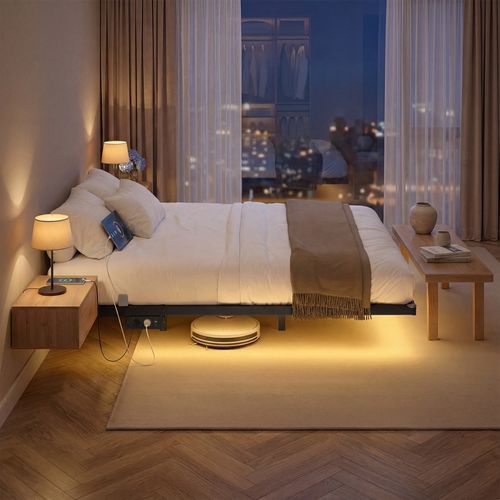 Lit Flottant 140 X 190 Cm Avec LED, Ports USB Et Prises Ca, Pour Chambre, Capacité 500 Kg, Noir