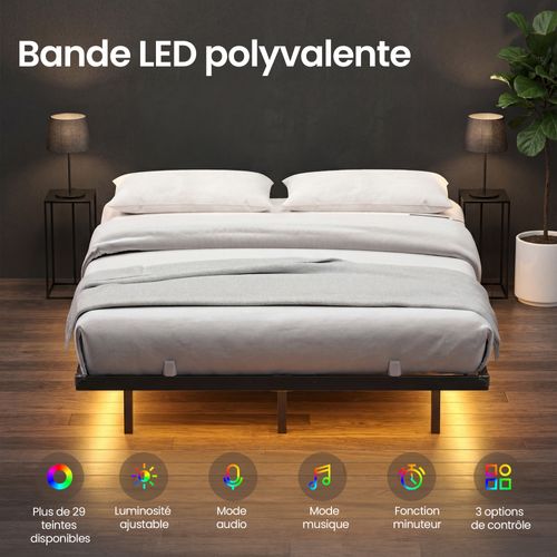 Lit Flottant 140 X 190 Cm Avec LED, Ports USB Et Prises Ca, Pour Chambre, Capacité 500 Kg, Noir