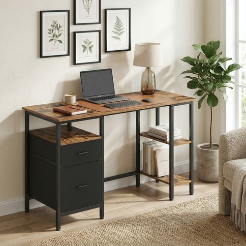 Bureau Pour Ordinateur, 3 étagères, 2 Tiroirs, 127 X 50 X 76 Cm, Marron Et Noir