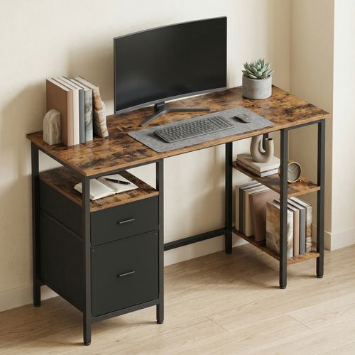 Bureau Pour Ordinateur, 3 étagères, 2 Tiroirs, 127 X 50 X 76 Cm, Marron Et Noir