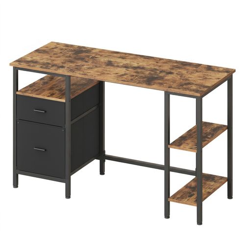 Bureau Pour Ordinateur, 3 étagères, 2 Tiroirs, 127 X 50 X 76 Cm, Marron Et Noir