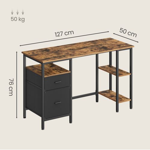 Bureau Pour Ordinateur, 3 étagères, 2 Tiroirs, 127 X 50 X 76 Cm, Marron Et Noir