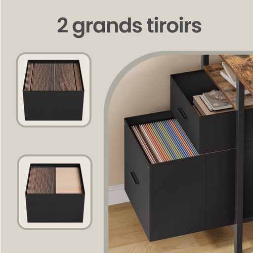 Bureau Pour Ordinateur, 3 étagères, 2 Tiroirs, 127 X 50 X 76 Cm, Marron Et Noir