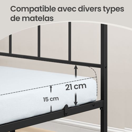 Lit Double Métal 140 X 190 Cm, Sommier Robuste Avec Tête De Lit, Montage Rapide, Chambre, Noir