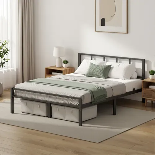 Lit Double Métal 140 X 190 Cm, Sommier Robuste Avec Tête De Lit, Montage Rapide, Chambre, Noir