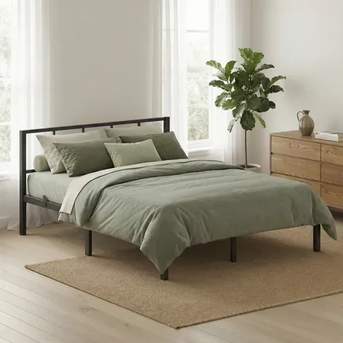 Lit Double Métal 140 X 190 Cm, Sommier Robuste Avec Tête De Lit, Montage Rapide, Chambre, Noir