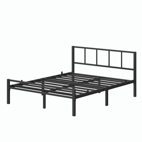 Lit Double Métal 140 X 190 Cm, Sommier Robuste Avec Tête De Lit, Montage Rapide, Chambre, Noir