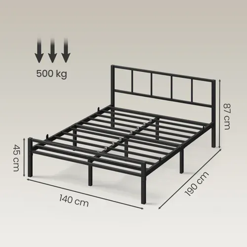 Lit Double Métal 140 X 190 Cm, Sommier Robuste Avec Tête De Lit, Montage Rapide, Chambre, Noir