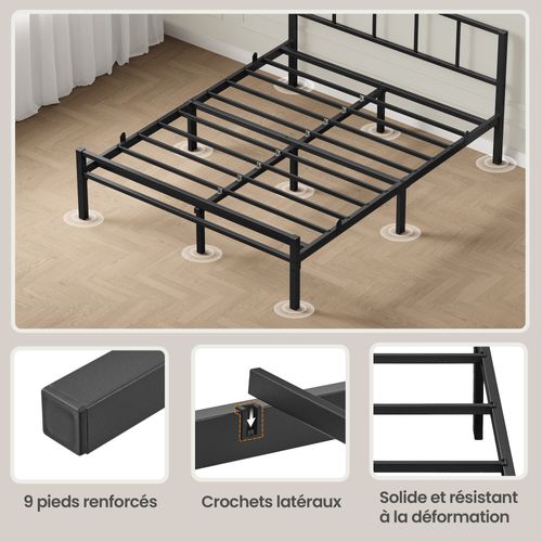 Lit Double Métal 140 X 190 Cm, Sommier Robuste Avec Tête De Lit, Montage Rapide, Chambre, Noir