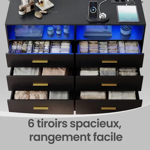 Commode Moderne Avec Station De Charge Et éclairage LED, 6 Tiroirs, Pour Chambre, Salon, Noir