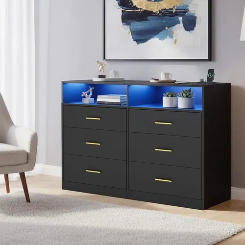 Commode Moderne Avec Station De Charge Et éclairage LED, 6 Tiroirs, Pour Chambre, Salon, Noir