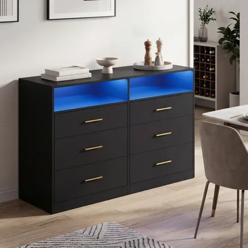 Commode Moderne Avec Station De Charge Et éclairage LED, 6 Tiroirs, Pour Chambre, Salon, Noir