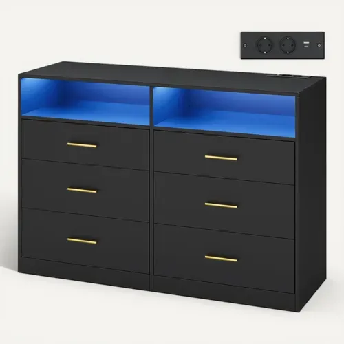 Commode Moderne Avec Station De Charge Et éclairage LED, 6 Tiroirs, Pour Chambre, Salon, Noir
