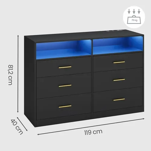 Commode Moderne Avec Station De Charge Et éclairage LED, 6 Tiroirs, Pour Chambre, Salon, Noir