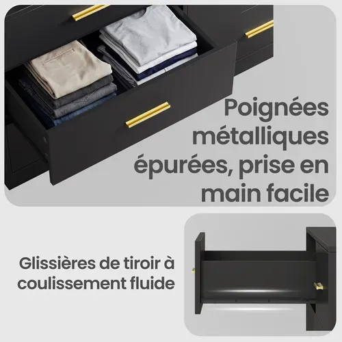 Commode Moderne Avec Station De Charge Et éclairage LED, 6 Tiroirs, Pour Chambre, Salon, Noir