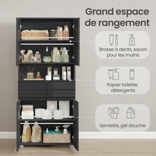 Colonne De Rangement Salle De Bain, Meuble Avec Étagères Réglables, 30 X 60 X 170 Cm, Noir
