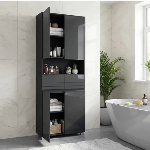Colonne De Rangement Salle De Bain, Meuble Avec Étagères Réglables, 30 X 60 X 170 Cm, Noir