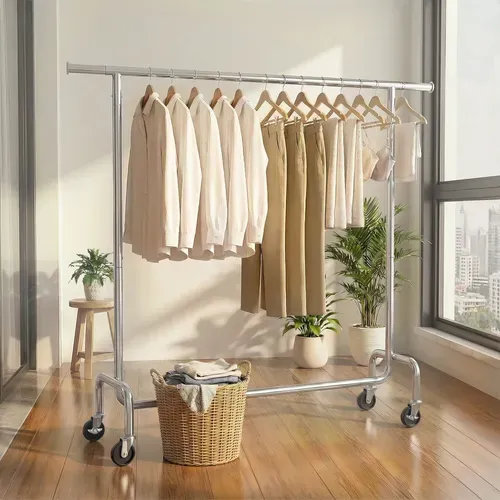 Portant à Vêtements, Tringle Extensible, Avec Roulettes, Capacité De Charge 130 Kg, En Métal, Argent