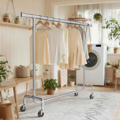 Portant à Vêtements, Tringle Extensible, Avec Roulettes, Capacité De Charge 130 Kg, En Métal, Argent