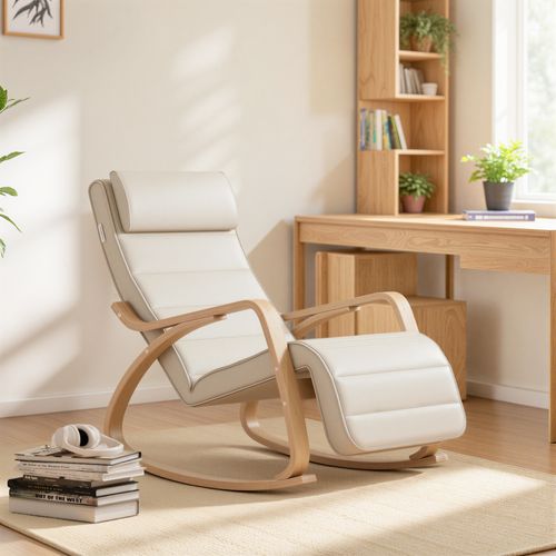 Fauteuil à Bascule Avec Repose-pieds, Réglable Sur 5 Niveaux, Beige Et Naturel
