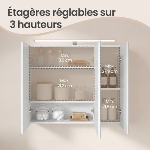 Armoire Murale Pour Salle De Bain, 3 Portes Miroir, Avec éclairage, 15 X 70 X 60 Cm, Blanc