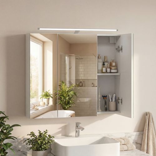 Armoire Murale Pour Salle De Bain, 3 Portes Miroir, Avec éclairage, 15 X 70 X 60 Cm, Blanc