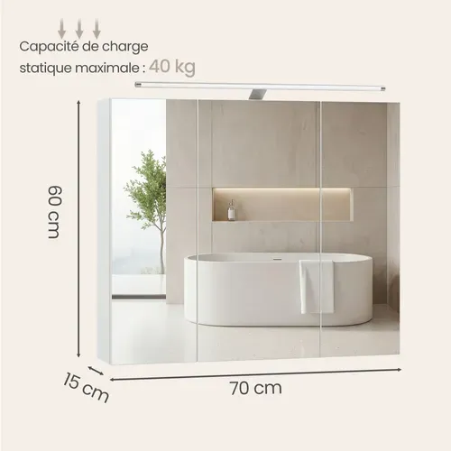Armoire Murale Pour Salle De Bain, 3 Portes Miroir, Avec éclairage, 15 X 70 X 60 Cm, Blanc