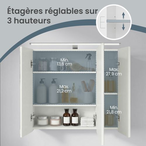 Armoire Murale Pour Salle De Bain, 3 Portes Miroir, Avec éclairage, 15 X 60 X 55 Cm, Blanc