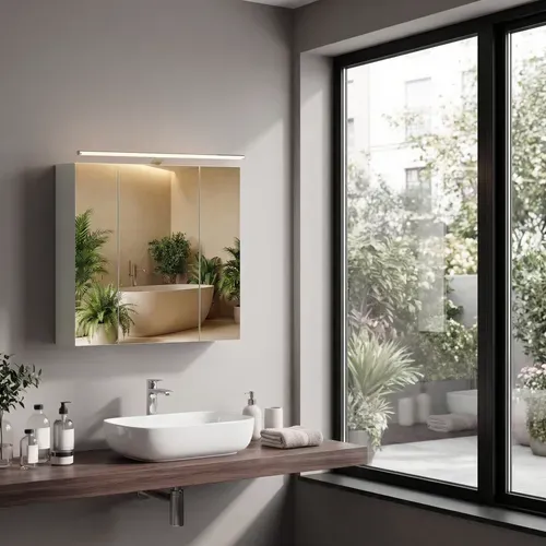 Armoire Murale Pour Salle De Bain, 3 Portes Miroir, Avec éclairage, 15 X 60 X 55 Cm, Blanc