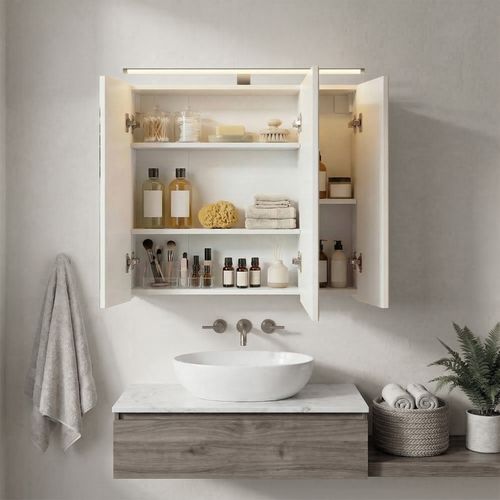 Armoire Murale Pour Salle De Bain, 3 Portes Miroir, Avec éclairage, 15 X 60 X 55 Cm, Blanc
