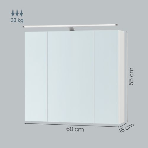 Armoire Murale Pour Salle De Bain, 3 Portes Miroir, Avec éclairage, 15 X 60 X 55 Cm, Blanc
