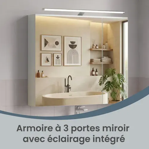 Armoire Murale Pour Salle De Bain, 3 Portes Miroir, Avec éclairage, 15 X 60 X 55 Cm, Blanc